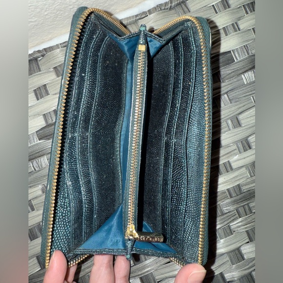 Tory Burch Handbags - Tory Burch Teal Blue Lizard Embossed Leather Zip Around Continental Wallet